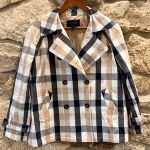 Ann Taylor Black Tan White Cotton Plaid Pea Coat Jacket sz Sm